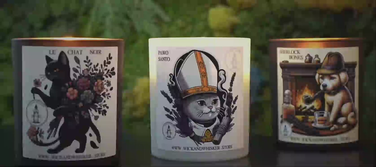 Video of 3 Candles burning; Le Chat Noir, Pawo Santo and Sherlock Bones